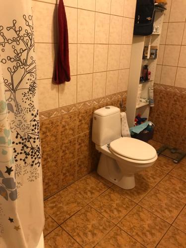 a bathroom with a toilet and a shower curtain at DOM OTWARTY DLA GOŚCI in Gdynia
