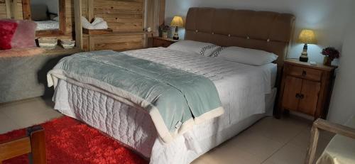 阿拉蘭瓜的住宿－Estúdio conceito aberto - 3 pessoas，一间卧室配有一张大床和红色地毯。