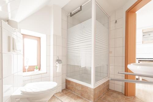 ein weißes Bad mit einem WC und einem Waschbecken in der Unterkunft Ferienwohnung an der Ostsee in Elmenhorst