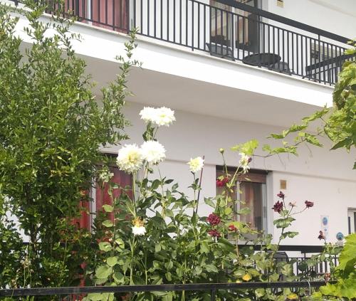 a white house with flowers in front of it at Pension Olympus in Litochoro