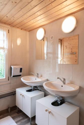 two sinks in a bathroom with wooden ceilings at Villa Donkey Ferienwohnung 113 in Degersheim