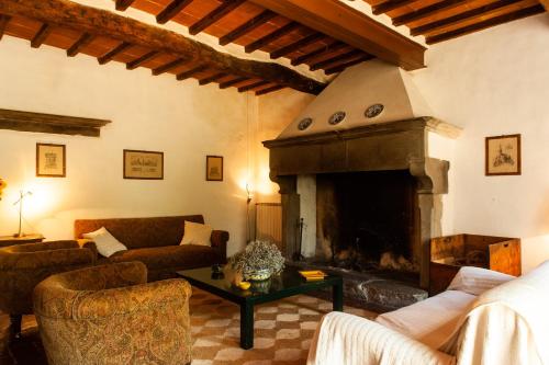 salon z kominkiem, kanapami i stołem w obiekcie Agriturismo Marchesi Gondi w mieście Pontassieve