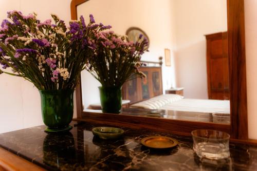 dwie wazy kwiatów na stole przed lustrem w obiekcie Agriturismo Marchesi Gondi w mieście Pontassieve