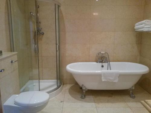 y baño con bañera, ducha y aseo. en Lord Bagenal Inn, en Leighlinbridge