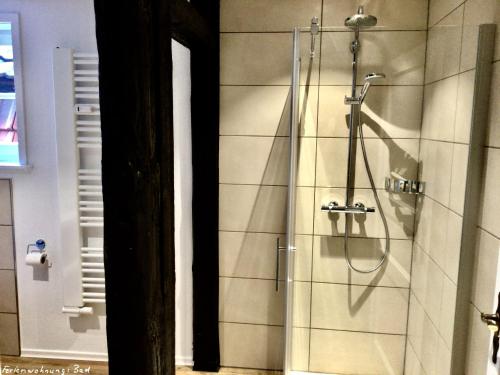 uma casa de banho com um chuveiro e uma porta de vidro em Dr. Fabian und Christine Drube em Immenhausen