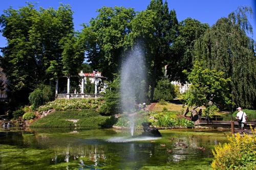 einen Brunnen inmitten eines Teiches in einem Park in der Unterkunft Villa Shafaly in Marienbad