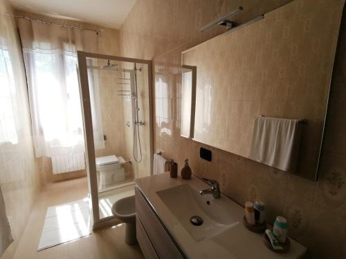 een badkamer met een wastafel, een toilet en een spiegel bij Dimora al Bosco in Cessalto