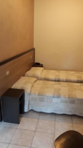 a bedroom with two beds and a table in it at Hotel Salus in Milan