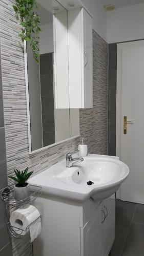 ein Badezimmer mit einem weißen Waschbecken und einem Spiegel in der Unterkunft Anđela Home - Krka waterfalls in Lozovac