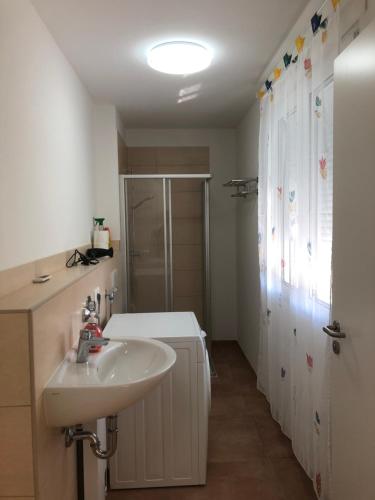 La salle de bains est pourvue d'un lavabo et d'une douche. dans l'établissement Pension Chen, 2 Doppelzimmer , EBK, separater Balkon, à Griesstätt