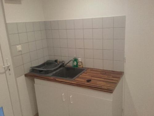 um balcão de cozinha com um lavatório na cozinha em jolie appartement centre de Fismes em Fismes