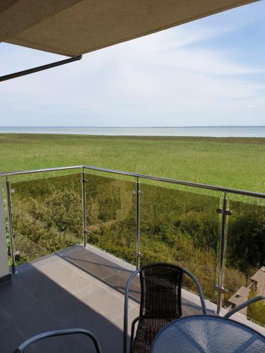 a balcony with a table and chairs and a field of grass at Apartamenty z widokiem na Zalew in Krynica Morska