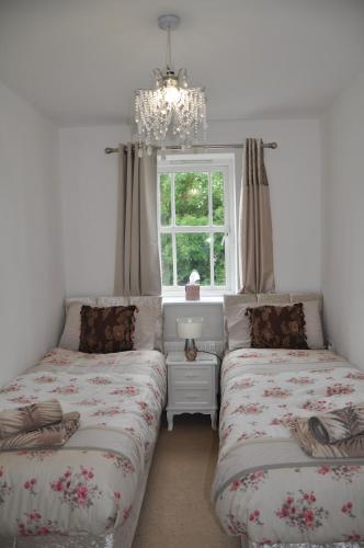 a bedroom with two beds and a window at Modern Home just off Glastonbury High Street in Glastonbury