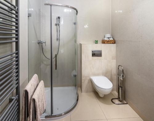 a bathroom with a shower and a toilet at apartmán Ela - TATRY GOLF in Veľká Lomnica
