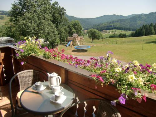 a table and chairs on a balcony with flowers at Ferienwohnungen Jodlbauerhof in Weyregg