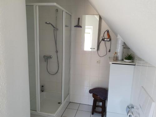 baño blanco con ducha y taburete en Ferienhaus Gräbner en Lügde