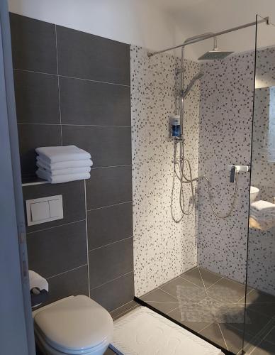 a bathroom with a shower with a toilet and towels at Studio apartman GRIZZLY in Slunj