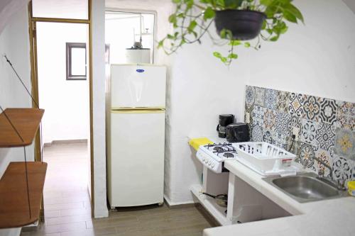 a kitchen with a white refrigerator and a sink at Petit Hotel Pilitas in Puerto Vallarta