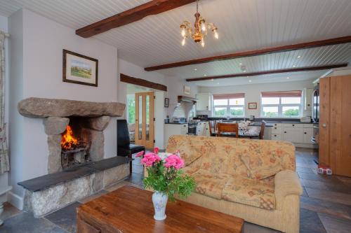 a living room with a couch and a fireplace at Beautiful mountain views & private hot tub in Kilcoo