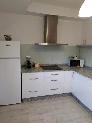 a kitchen with white cabinets and a white refrigerator at EL RINCON DE LUZ 2 in Padrón