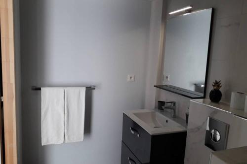 une salle de bain blanche avec un lavabo et un miroir dans l'établissement Logement neuf de 40 m², équipé et confortable, à Croix-Chapeau