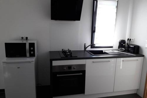 une petite cuisine avec un micro-ondes et une cuisinière dans l'établissement Logement neuf de 40 m², équipé et confortable, à Croix-Chapeau