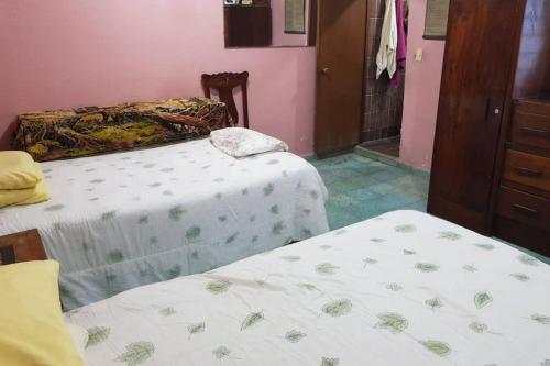 two beds in a room with pink walls at Acogedora habitación en excelente ubicación in Mazatlán