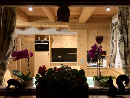 ein Wohnzimmer mit einigen Pflanzen und eine Küche in der Unterkunft Ciasa Coletin in Alvera