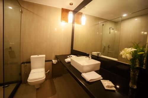 a bathroom with a toilet and a sink and a mirror at Hotel Hilltop Palace in Udaipur