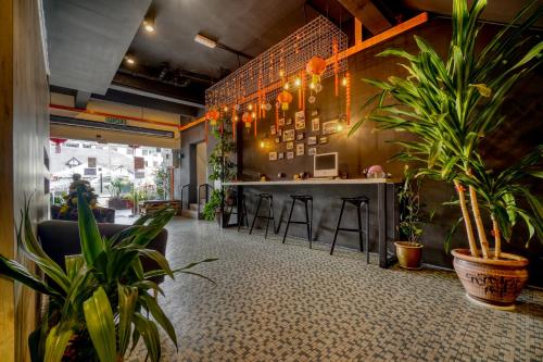 eine Bar mit Topfpflanzen in einem Zimmer in der Unterkunft Parkland Express in Brinchang