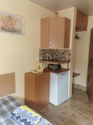 a small kitchen with a telephone in a room at Czerwonki Apartament in Mrągowo