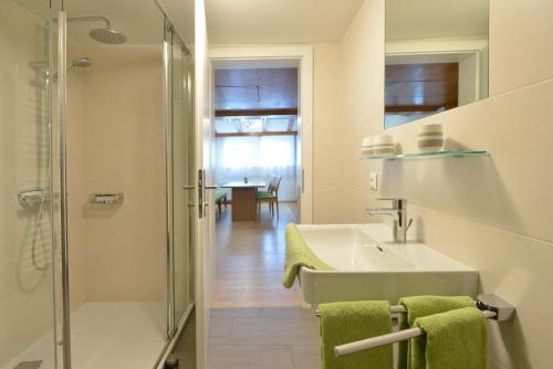 a bathroom with a sink and a shower at Appartements Frauenschuh in Schladming