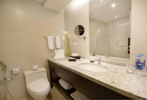 a bathroom with a toilet and a sink with a mirror at Oro Verde Cuenca in Cuenca