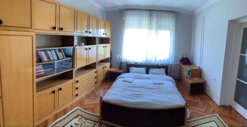1 dormitorio con 1 cama y un gran armario de madera en Kata apartment, en Tolna