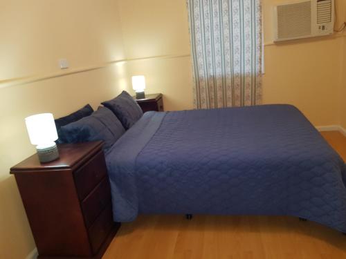 1 dormitorio con cama azul y mesita de noche en AGVA OPAL en Coober Pedy