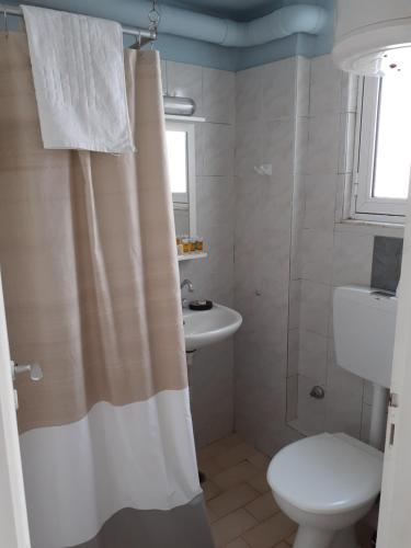 łazienka z zasłoną prysznicową i toaletą w obiekcie Almiriki Rooms w Agios Kirykos