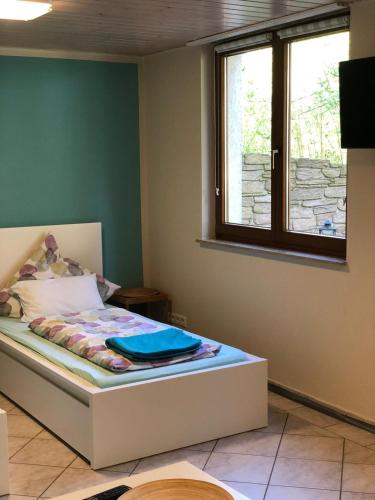 - une chambre avec un lit dans une pièce dotée d'une fenêtre dans l'établissement Ferienwohnung Paradies, à Heidelberg