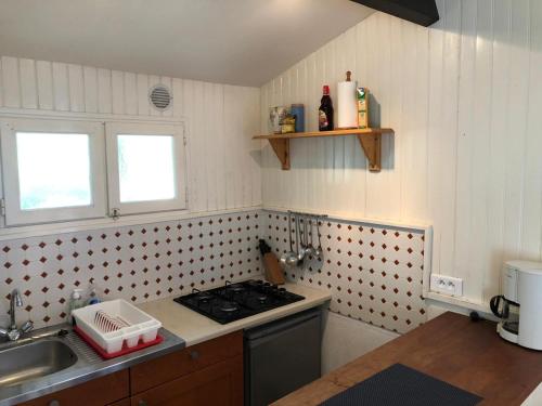 uma pequena cozinha com um fogão e um lavatório em L'étang des Mirandes em Varaignes