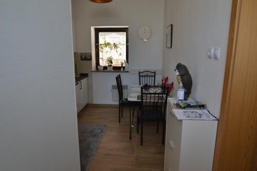 a kitchen and dining room with a cat sitting on a counter at Alpino in Ljubljana