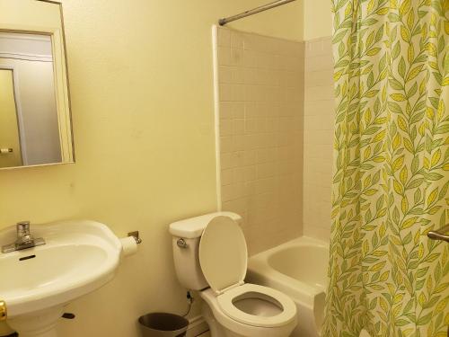 a bathroom with a toilet and a sink and a shower curtain at Olympic Suites B08 in Los Angeles