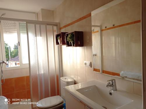 W łazience znajduje się umywalka, toaleta i prysznic. w obiekcie Deep Blue Inn w mieście Torrecaballeros