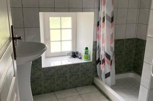 une salle de bain avec un lavabo et une douche avec une fenêtre dans l'établissement Appartement 2 chambres et cuisine-salon Plages du Débarquement, à Vierville-sur-Mer