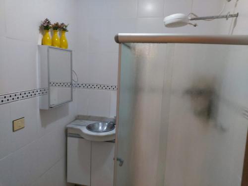 a small bathroom with a sink and a shower at Casa na praia de Itamambuca na cidade de Ubatuba in Ubatuba