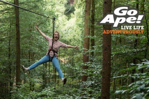 a woman jumping on a zip line in the forest at The Snug at the Ski Lodge, Aviemore in Aviemore