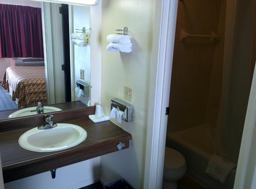 Economy Inn Toledo-Perrysburg في بيرسبورغ: حمام مع حوض ومرآة