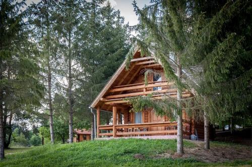 uma cabana de madeira na floresta com árvores em Manka Kisrönkház em Ispánk