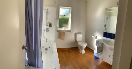 a bathroom with a shower and a toilet and a sink at Captain Cook Motor Lodge in Gisborne