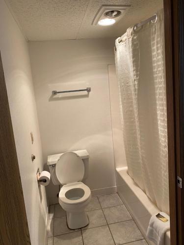 a bathroom with a toilet and a shower at Americas Best Value Inn Champaign in Champaign