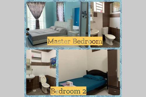 2 fotos de un dormitorio con cama y baño en ZuHa Muslim Homestay, Taman Lestari Baru, Lumut en Lumut