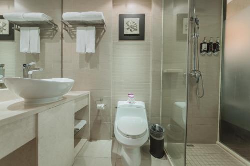 a bathroom with a toilet and a sink and a shower at SSAW Boutique Hotel Nanchang Bayi Square in Nanchang